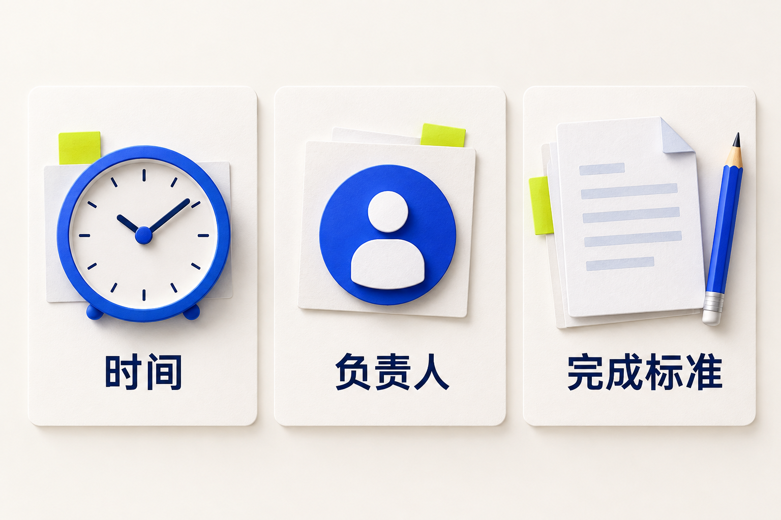 时间、负责人、完成标准三项任务检查要素的概念插画